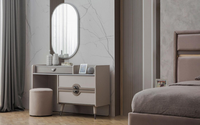 Garnituur tweepersoonsbed bed nachtkastjes beige 6-delig kaptafel modern