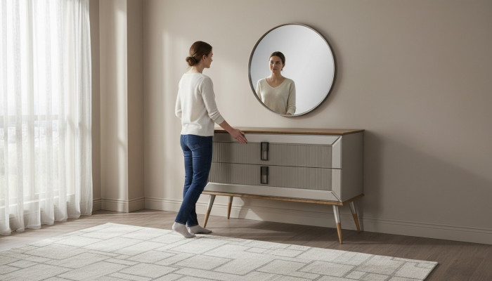 Bruine designer ladekast Luxe ronde spiegel Luxe make-uptafel set 2-delig