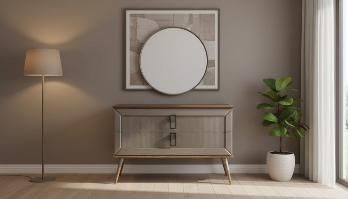 Bruine designer ladekast Luxe ronde spiegel Luxe make-uptafel set 2-delig