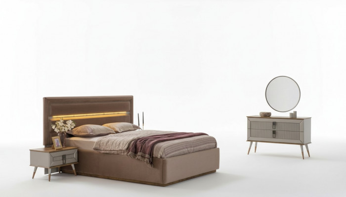 Beige slaapkamer luxe meubels ontwerper tweepersoonsbed 2x nachtkastjes 5-delig