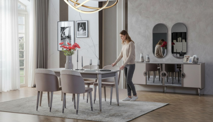 Grijze eetkamerset Eetkamerstoelen Uitschuifbare tafel Buffetkast