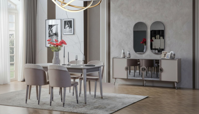 Grijze eetkamerset Eetkamerstoelen Uitschuifbare tafel Buffetkast