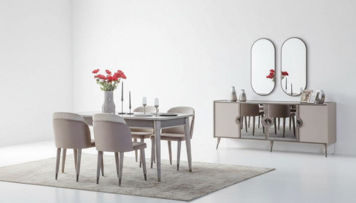 Grijze eetkamerset Eetkamerstoelen Uitschuifbare tafel Buffetkast