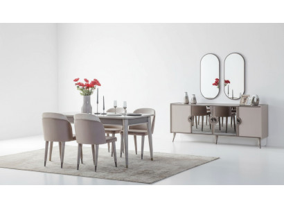 Grijze eetkamerset Eetkamerstoelen Uitschuifbare tafel Buffetkast
