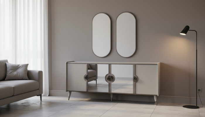Grijze meubelset Ontwerper 4-deurs dressoir Exclusieve spiegel 3-delige
