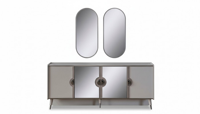 Grijze meubelset Ontwerper 4-deurs dressoir Exclusieve spiegel 3-delige