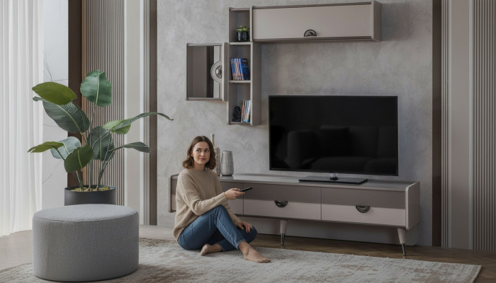 Beige woonkamer dressoir Stevige tv-standaard Laag dressoir Luxe rekken