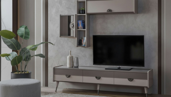 Beige woonkamer dressoir Stevige tv-standaard Laag dressoir Luxe rekken