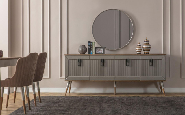 Robuuste dressoir, ontwerper sideboard, luxueuze ronde spiegelkast 2-delig.