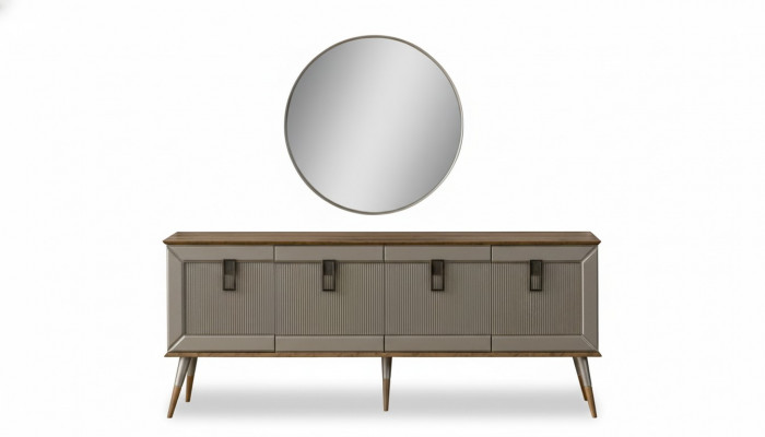 Robuuste dressoir, ontwerper sideboard, luxueuze ronde spiegelkast 2-delig.