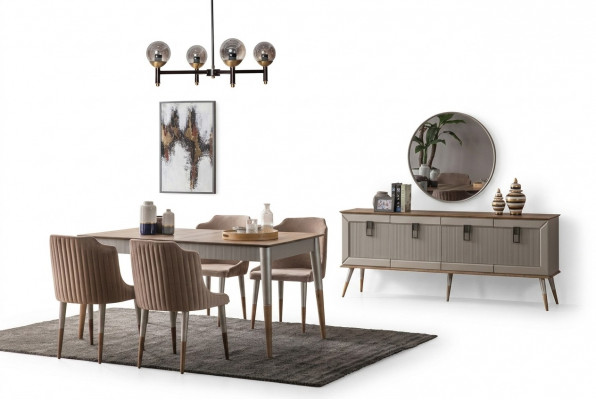 Beige eetkamer set Rechthoekige houten tafel 6x gestoffeerde stoelen 7-delig