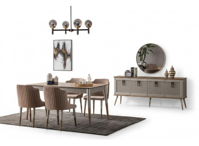Beige eetkamer set Rechthoekige houten tafel 6x gestoffeerde stoelen 7-delig