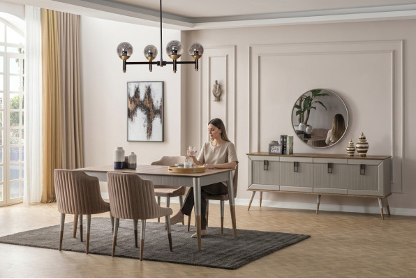 Heldere eetkamerset Robuuste eettafel Luxe dressoir 9-delig