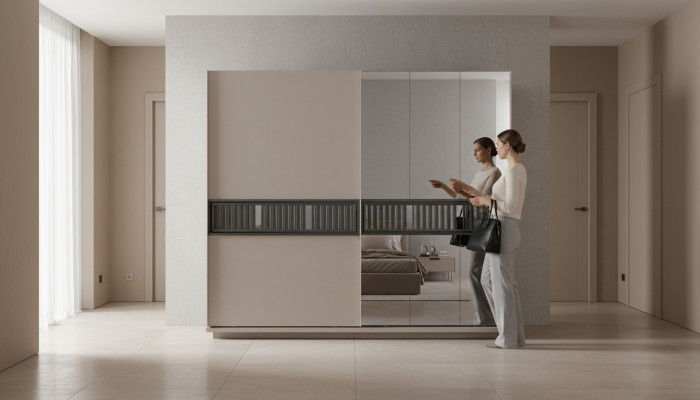 Moderne beige slaapkamer kledingkast met spiegel houten meubels.