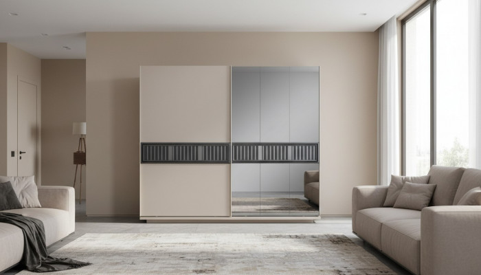 Moderne beige slaapkamer kledingkast met spiegel houten meubels.