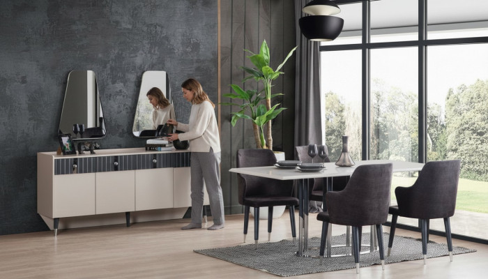 Moderne eethoek Rechthoekige eettafel 6 stoelen Dressoir 2 spiegels