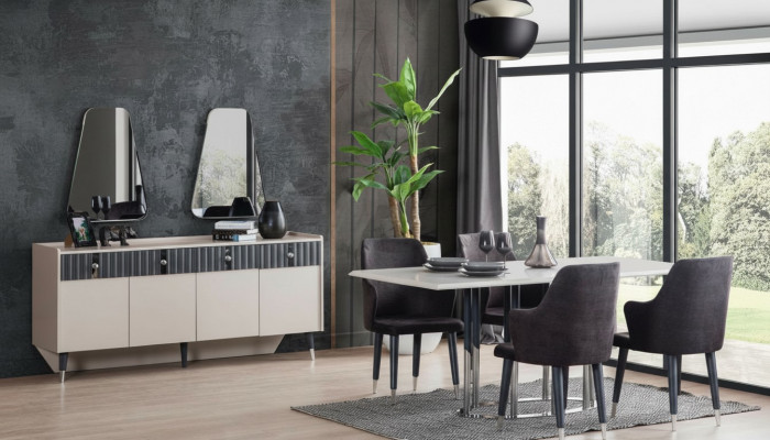 Moderne eethoek Rechthoekige eettafel 6 stoelen Dressoir 2 spiegels