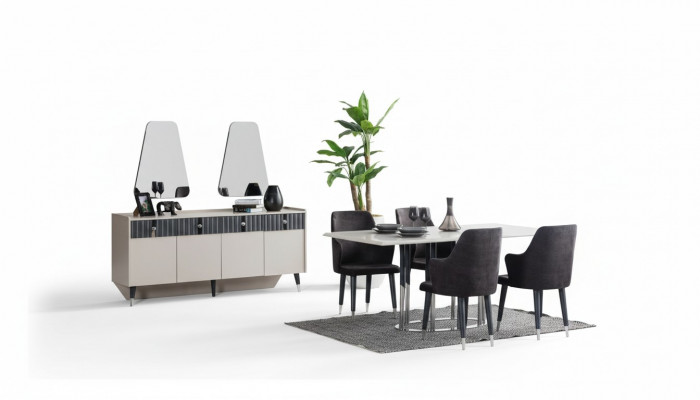 Moderne eethoek Rechthoekige eettafel 6 stoelen Dressoir 2 spiegels