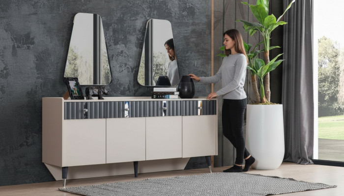 Complete set Designer Beige dressoir Sideboard 2x spiegel 3-delige set.
