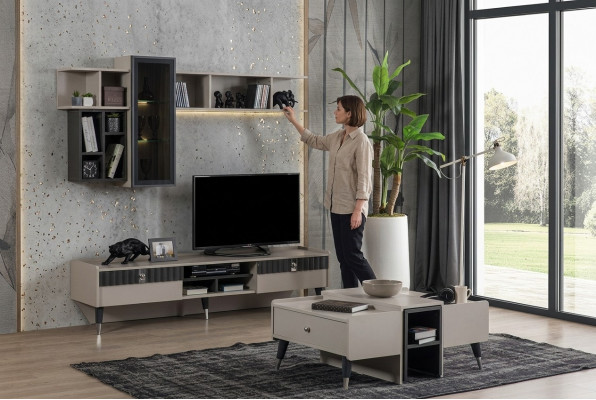 Woonkamer set Designer RTV-standaard Luxe houten planken Salontafel 3-delig Fernsehschrank-Set Designer Luxus-Holzregale Couchtisch 3-teilig