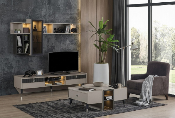 Woonkamer set Designer RTV-standaard Luxe houten planken Salontafel 3-delig Fernsehschrank-Set Designer Luxus-Holzregale Couchtisch 3-teilig