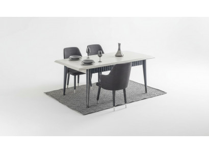 Ontwerper Rechthoekige Witte Eettafel 6x Grijze Gestoffeerde Stoelen 7-delige Set