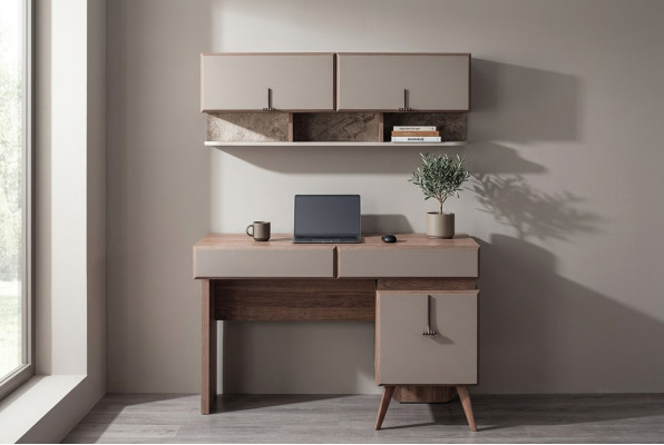 Beige bureau Luxe kantoortafel Wandkast Computertafel Set