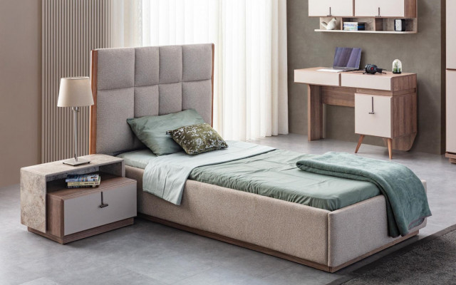 Beige kinderkamerset ontwerper eenpersoonsbed hout nachtkastje 2-delige set