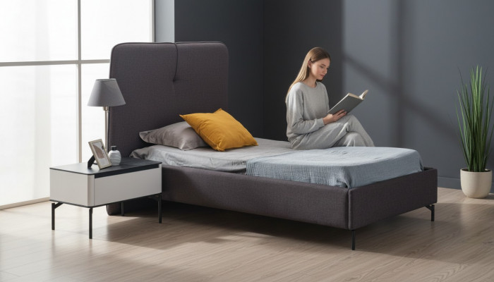 Grijze kindermeubels Ontwerper kinderbed Houten nachtkastje Luxe set