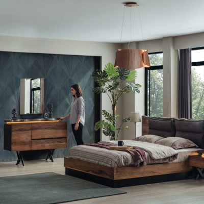 Moderne houten slaapkamermeubelset, designer tweepersoonsbed, nachtkastje 5-delig.