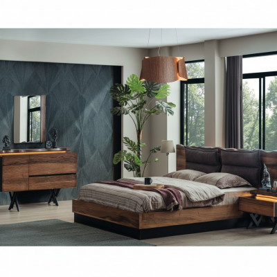 Moderne houten slaapkamermeubelset, designer tweepersoonsbed, nachtkastje 5-delig.