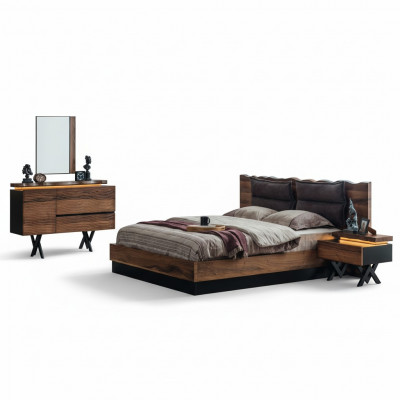 Moderne houten slaapkamermeubelset, designer tweepersoonsbed, nachtkastje 5-delig.