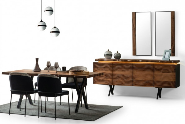 Volledige bruin-zwarte eetkamerset Designer houten eettafel gestoffeerde stoelen