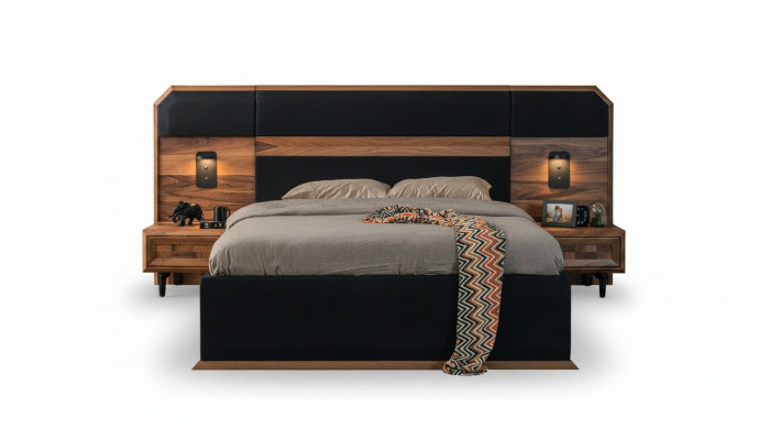 Bruin-zwarte houten slaapkamer set; tweepersoonsbed, 2 nachtkastjes, 3-delig.