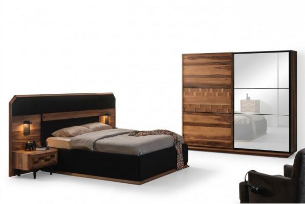 Exquise slaapkamer set Elegante tweepersoonsbed 2x houten nachtkastjes
