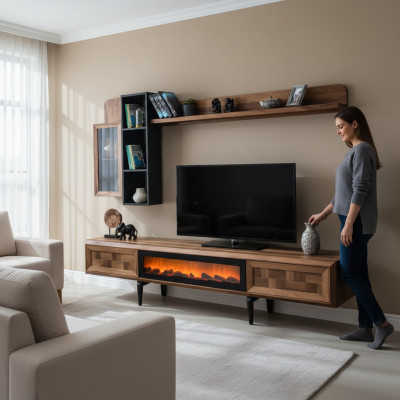 Bruine woonkamer wandmeubel ontwerper tv-standaard RTV houten planken LED