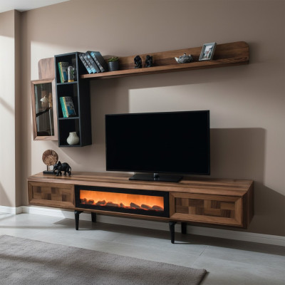 Bruine woonkamer wandmeubel ontwerper tv-standaard RTV houten planken LED