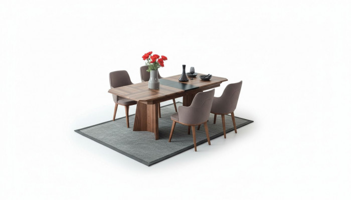 Complete eetkamerset, design eethoek, houten eettafel, 6 gestoffeerde stoelen.