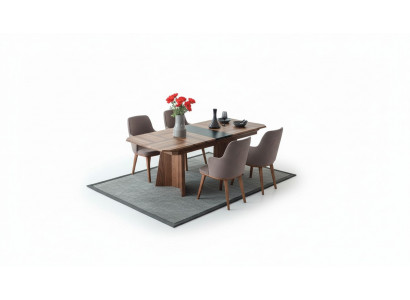 Complete eetkamerset, design eethoek, houten eettafel, 6 gestoffeerde stoelen.
