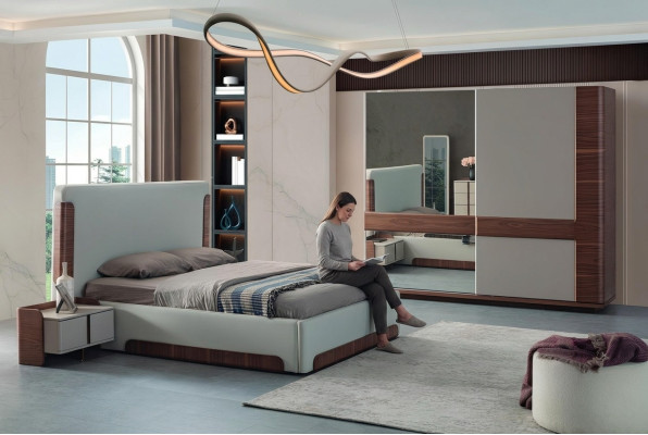 Elegante slaapkamermeubels, luxe gestoffeerd bed, ontwerper kledingkast.