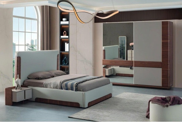 Elegante slaapkamermeubels, luxe gestoffeerd bed, ontwerper kledingkast.