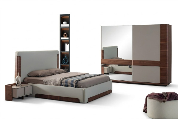 Elegante slaapkamermeubels, luxe gestoffeerd bed, ontwerper kledingkast.