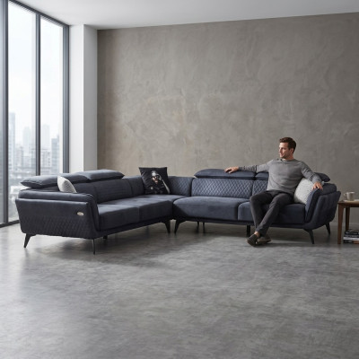 Stevige grijze stoffen bank Designer L-vorm bank Woonkamer gestoffeerde bank.
