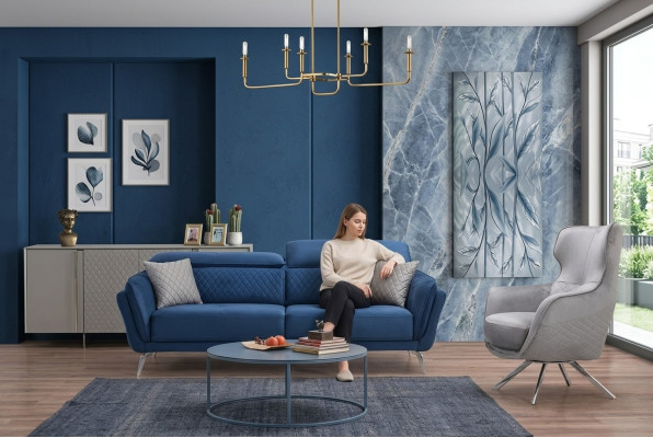Exclusieve Bankstel Blauwe Driepersoons Designer Fauteuil Gestoffeerde Meubelen
