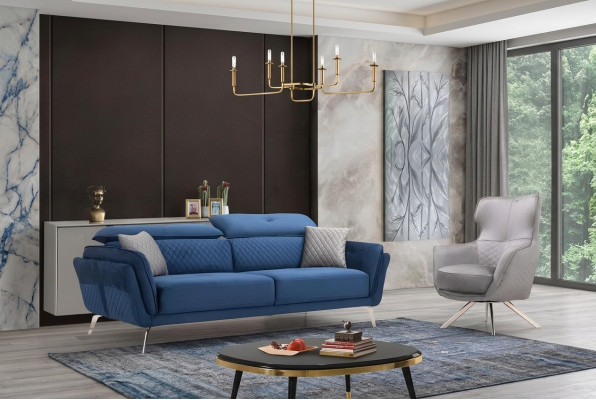 Exclusieve Bankstel Blauwe Driepersoons Designer Fauteuil Gestoffeerde Meubelen