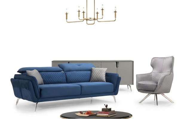 Exclusieve Bankstel Blauwe Driepersoons Designer Fauteuil Gestoffeerde Meubelen