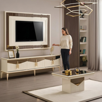 Luxe woonkamer wandmeubel TV-standaard wandpaneel RTV laagbord goud