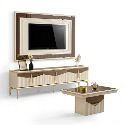 Luxe woonkamer wandmeubel TV-standaard wandpaneel RTV laagbord goud