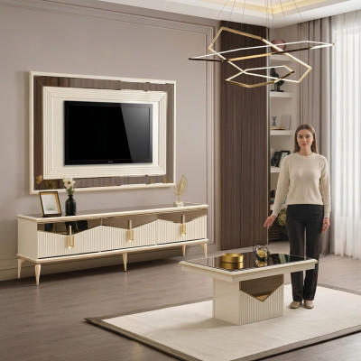 Woonkamer TV-standaard muurpaneel salontafel RTV Lowboard goud 3-delig beige