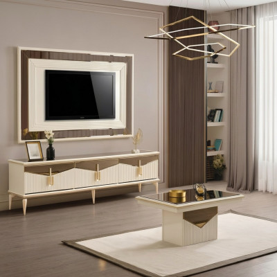 Woonkamer TV-standaard muurpaneel salontafel RTV Lowboard goud 3-delig beige